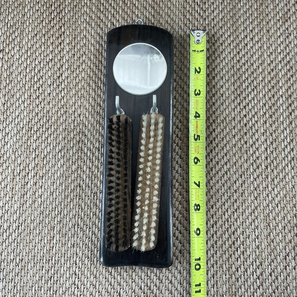 Vintage Mid Century Wood Wall Hanging Clothes Brushes & Mirror Set